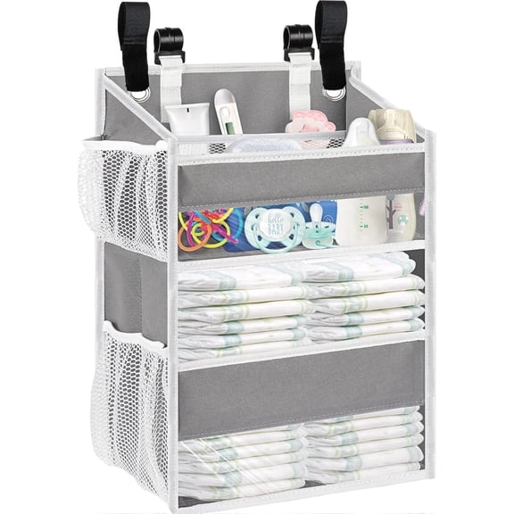 Hanging Diaper Organizer for Changing Table,Cribs,Car,Playard or Wall & Nursery Organization-Durable 2-Tier Diaper Organizer with Mesh Pockets and Viewable Design, Won't Deform, Light Gray
