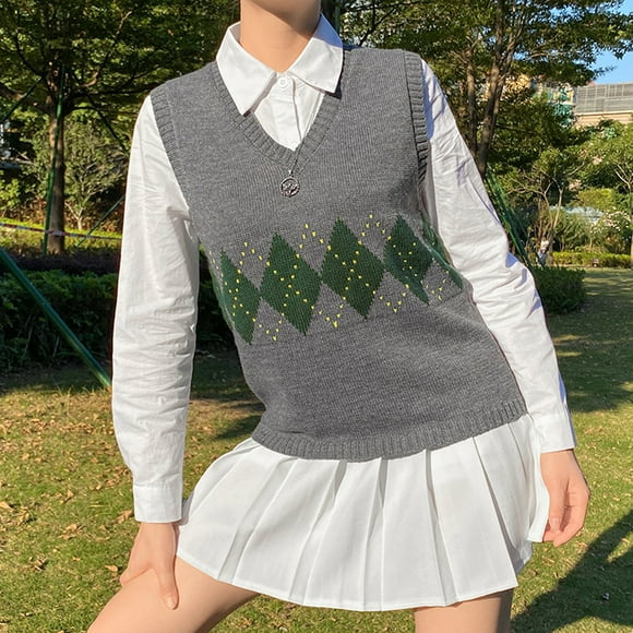EGNMCR Sweaters for Women Women Streetwear Preppy Style Knitwear Tank V Neck Argyle Plaid Knitted Sweater
