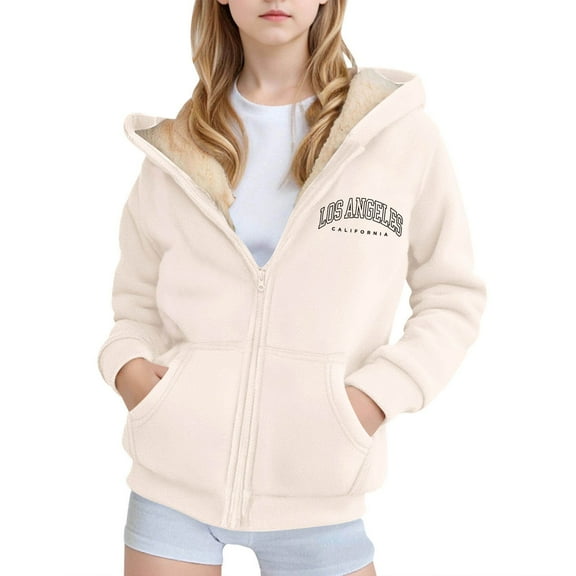 Glisme Girls Hooded Jacket With Zip Up Thermal Printed Playful Beige Leisure Outerwear Size 4-5 Years