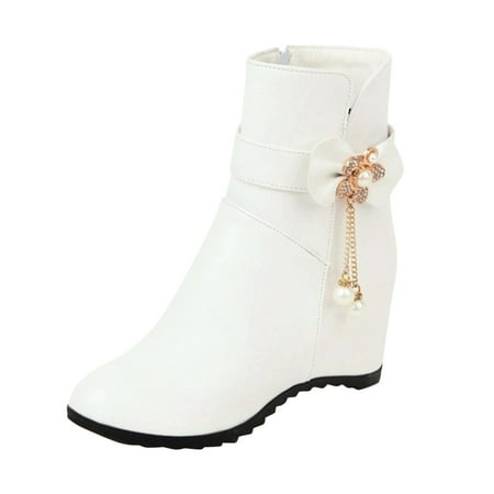 

GWAABD Womens Short Boots Low Heel Ladies Fashion Solid Color Leather Rhinestone Bow Wedge Heel Inside High Short Boots