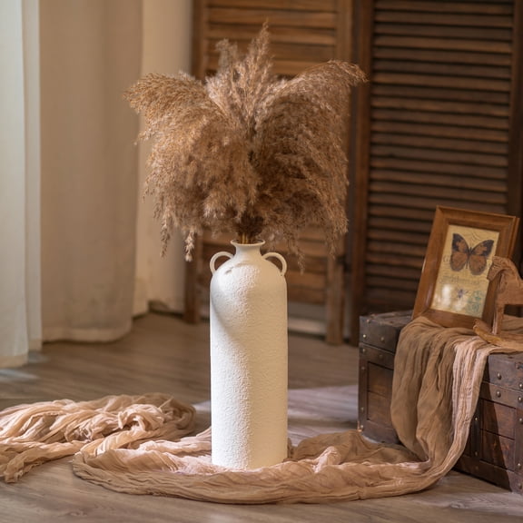 Sziqiqi Boho Double Handle Tall White Vase, 16 Inch Large Rustic Floor Vase, Shatterproof Metal Decor Vase for Pampas Grass and Dried Flowers, Pet Friendly Farmhouse Home Decor