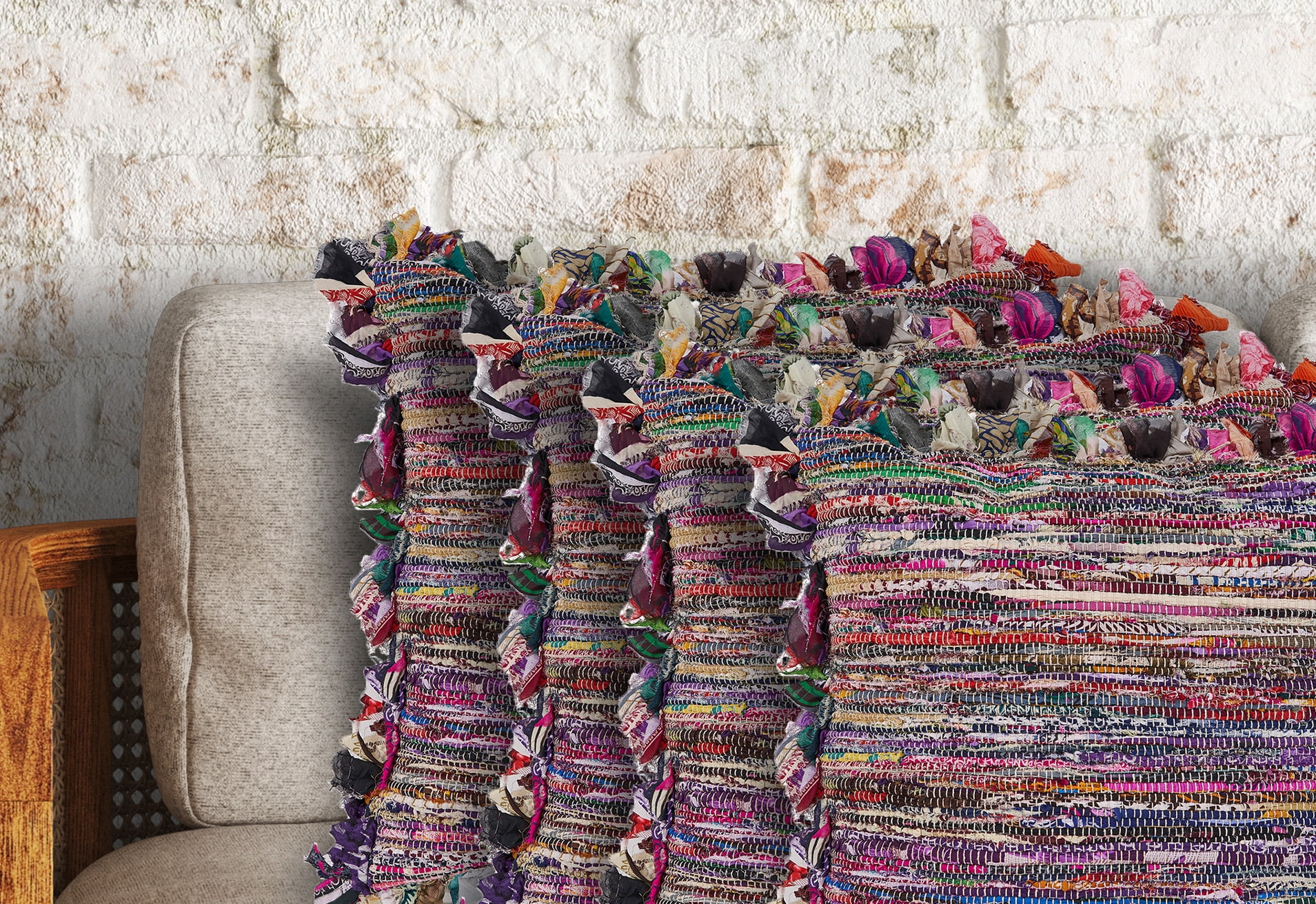 Ox Bay Eli Set of 4 Boho Striped 18" x 18” Recycled Material Adult Decorative Feather Filled Pillow Set