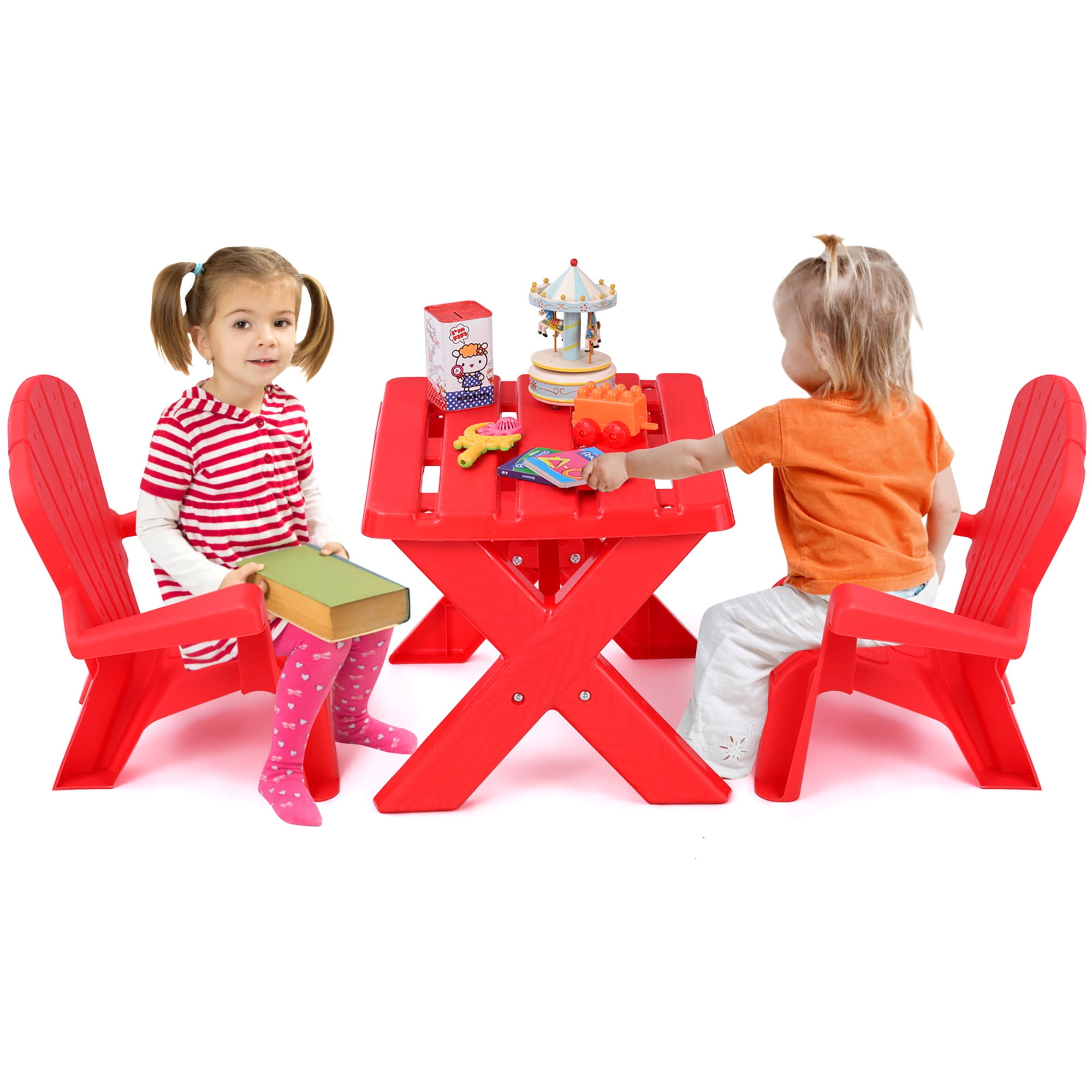 Costway Kids 3-Piece Outdoor Activity Table and Chair Set, Red