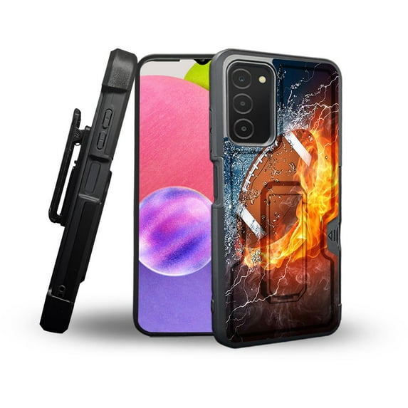 ANJ+ Rugged Shockproof Holster Case Card Slot Kickstand + Tempered Glass Cover for Samsung Galaxy A03s - Fiery Football