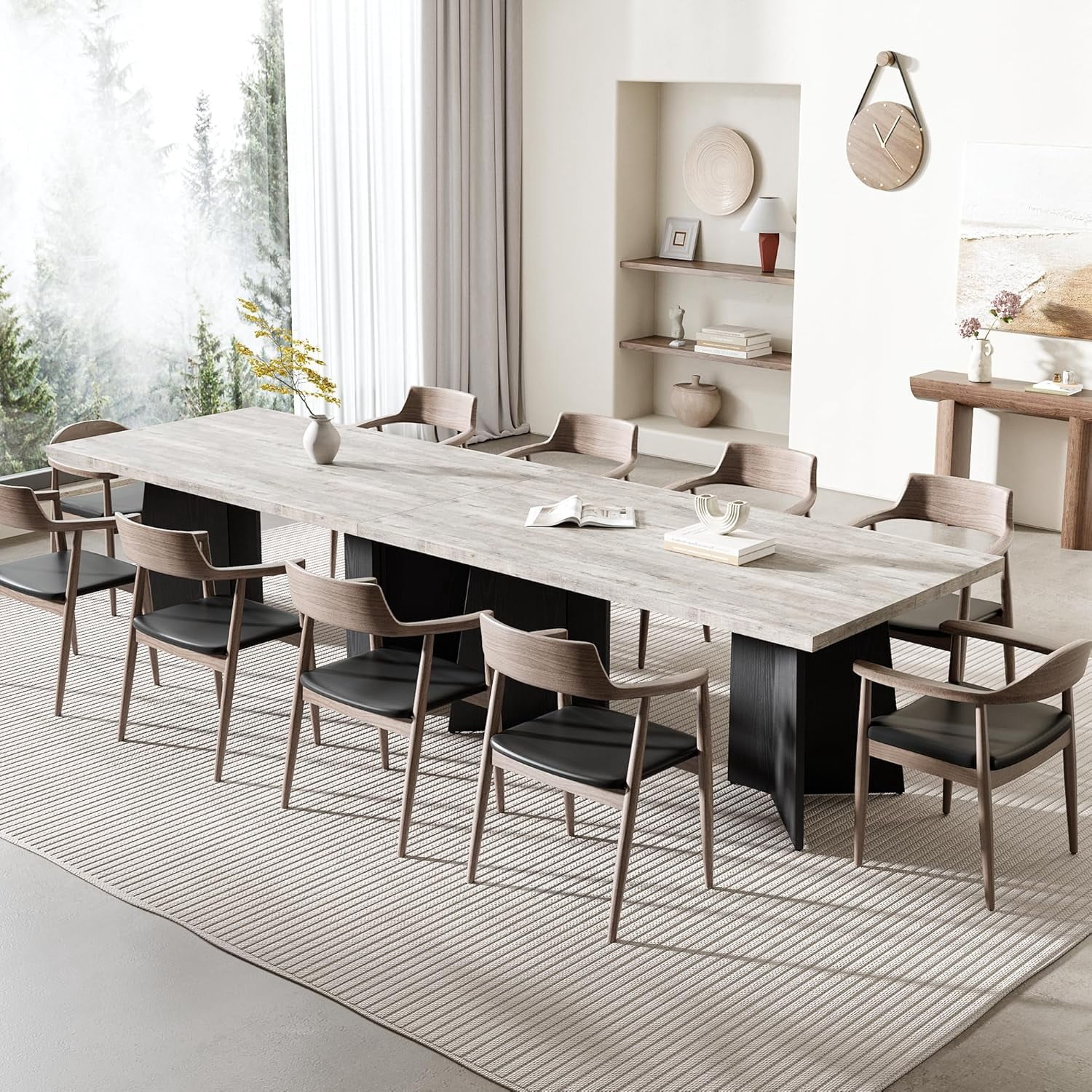 Dining Table for 6-8 People - 63" Modern Long Kitchen Table with Large Tabletop & Pedestal Legs, Dinner Table for Kitchen, Conference Room, Home, Grey & Black