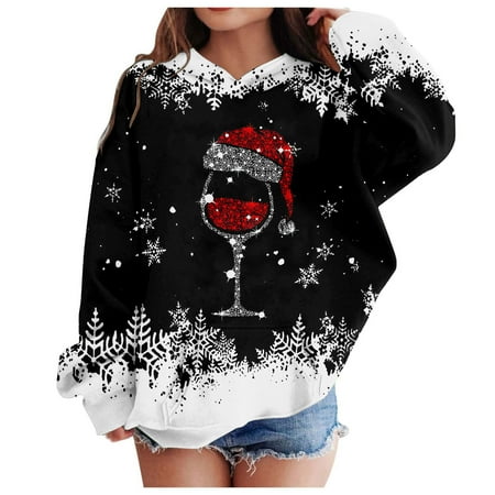 

Girls Sweatshirt Christmas Fashion Long Sleeve Cup Print Loose Hooded Hoodies Girls Hoodie Black 160