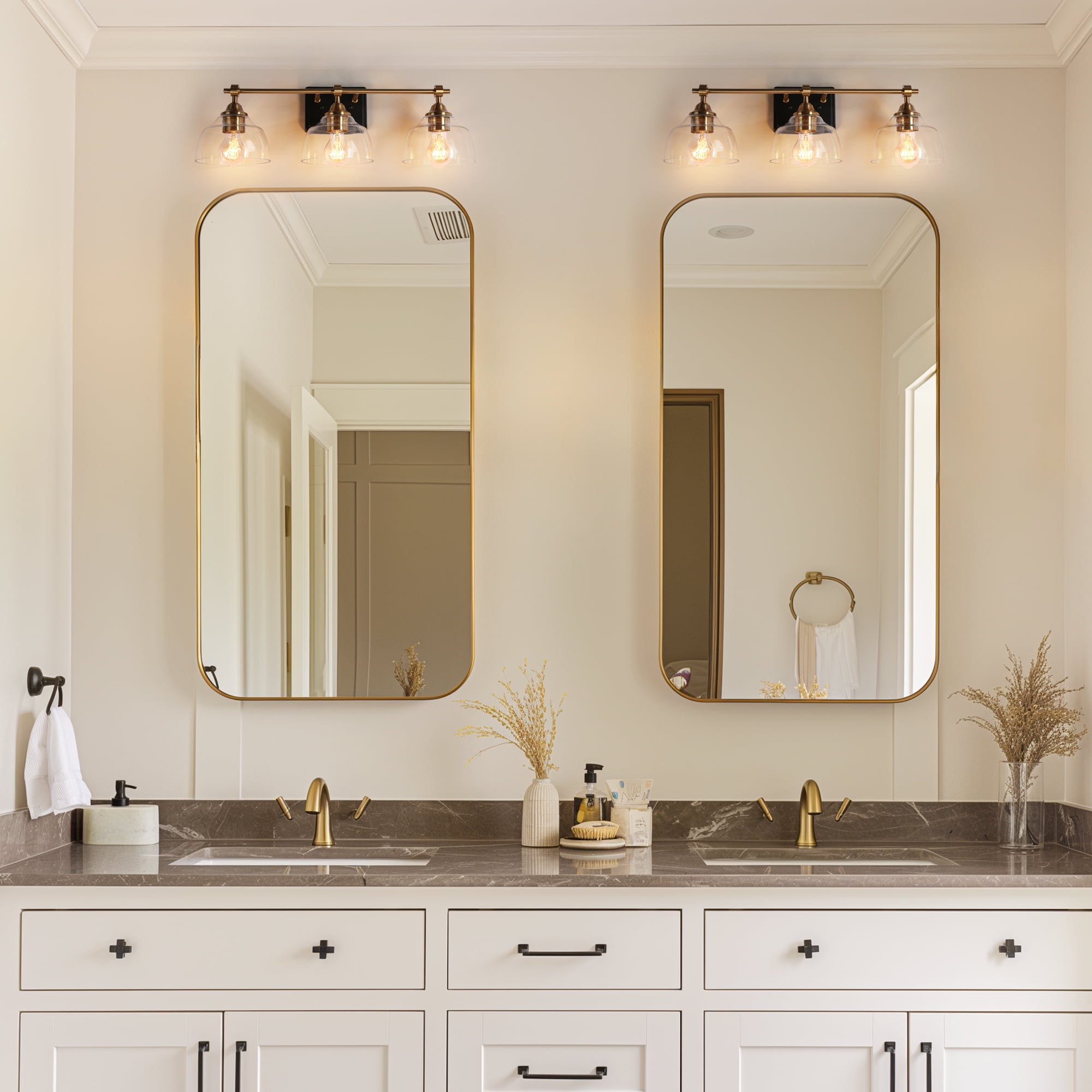 LNC 3-Light Bathroom Vanity Light in Matte Black and Gold with Clear Glass Dome Shades