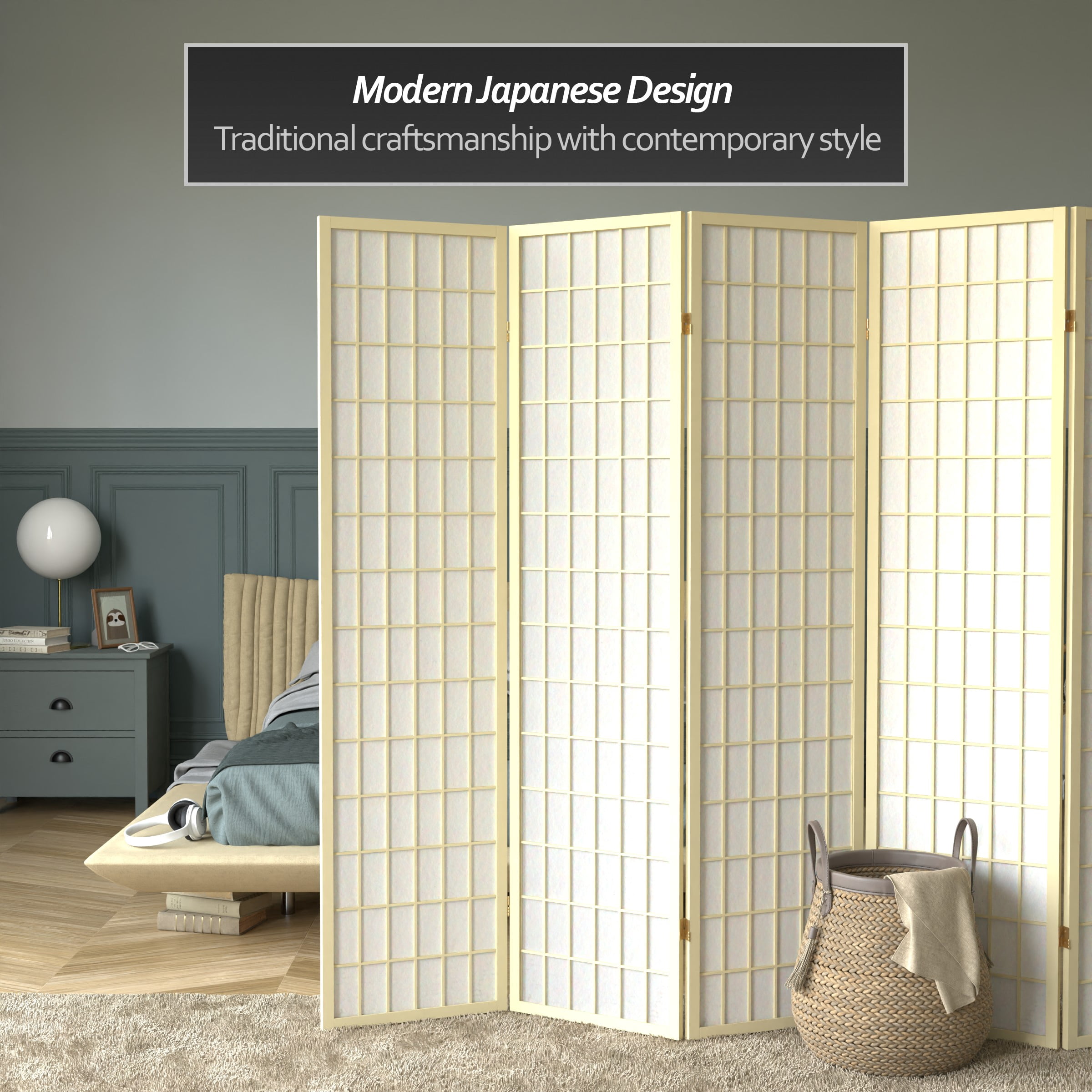 Red Lantern 6 ft. Tall Ivory Window Pane Shoji Screen - 5 Panels