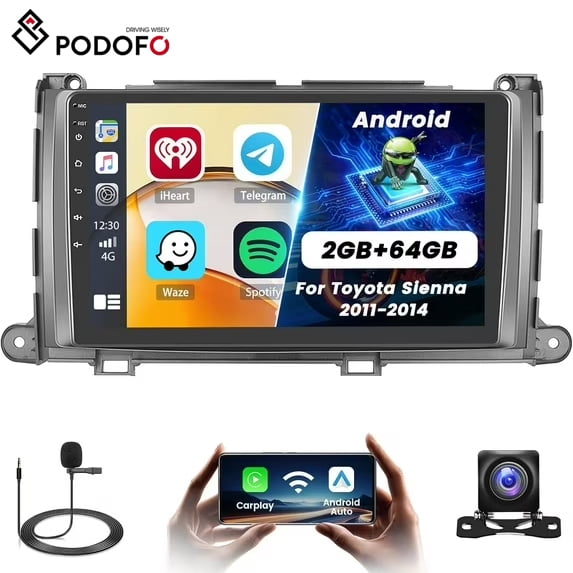 Podofo【2 64GB】 for Toyota Sienna 2011-2014 Podofo Android 13 Car Stereo with Wireless Carplay Android Auto, 9'' Touch Screen Car Radio GPS WiFi, Bluetooth SWC Mic Backup Camera Mirror Link