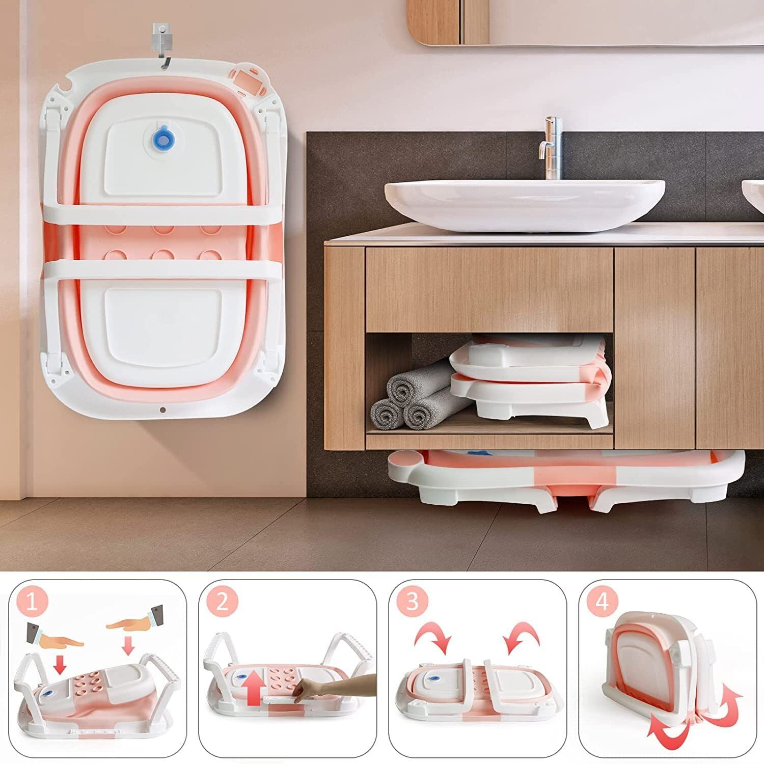 TOPCHANCES Collapsible Baby Bathtub with Thermometer, Portable Baby Shower Tub + Baby Tub Cushion + Bath Net, Folding Bathtub for 0-36 Month Newborn (Pink)