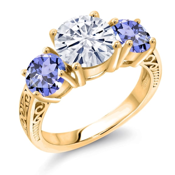 Gem Stone King 18K Yellow Gold Plated Silver White Moissanite and Blue Tanzanite Engagement Ring for Women | 3.70 Cttw | Round 8MM | Gemstone Birthstone | Size 5