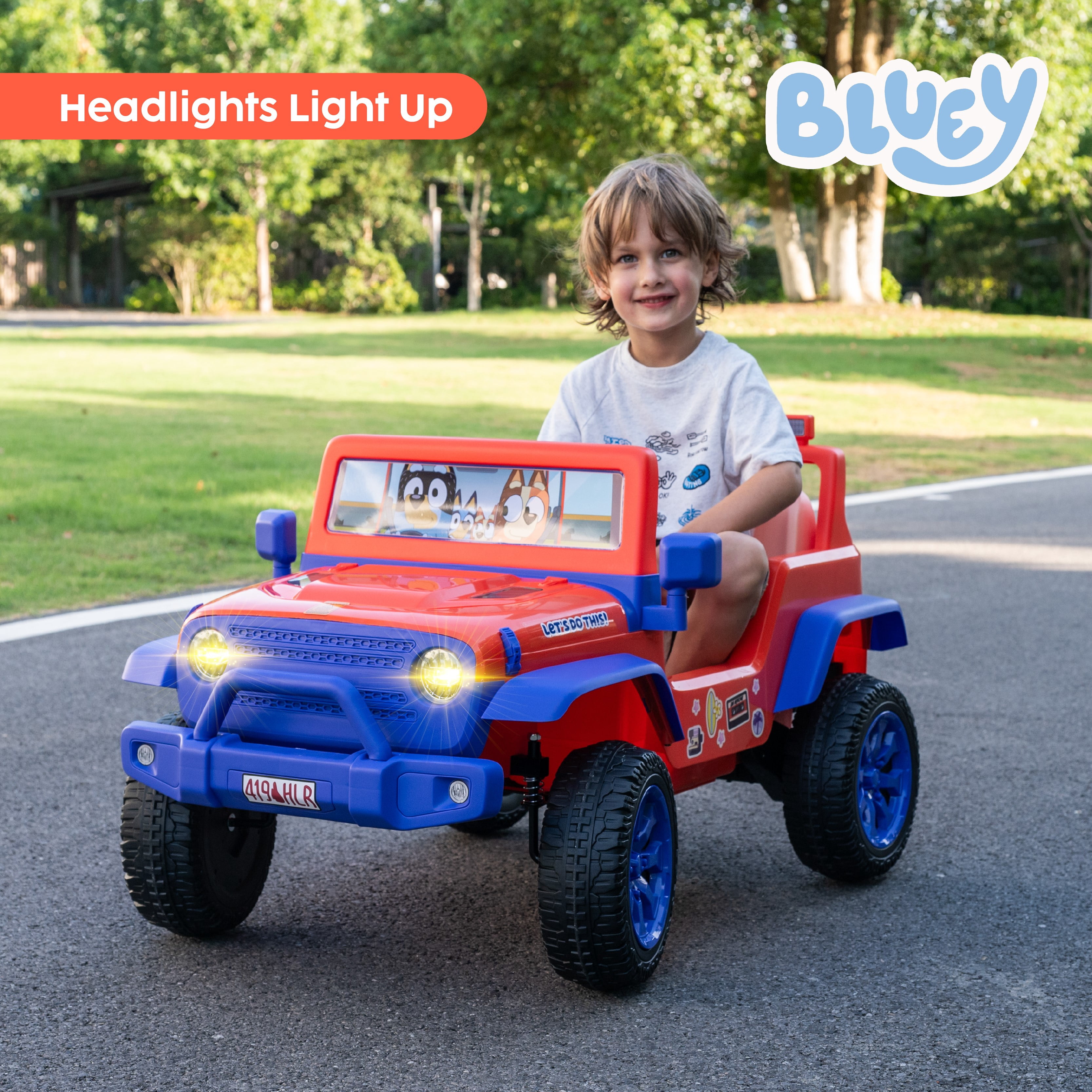 Bluey 12V Electric 1 Seat Ride-On for Kids with Music, USB Port, Working Headlights, and Forward/Reverse Drive, Top Speed 3.5 Mph