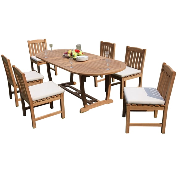 Grade-A Teak Dining Set: 6 Seater 7 Pc: 94" Mas Oval Trestle Leg Table And 6 Devon Armless Chairs Outdoor Patio WholesaleTeak #51DV2307