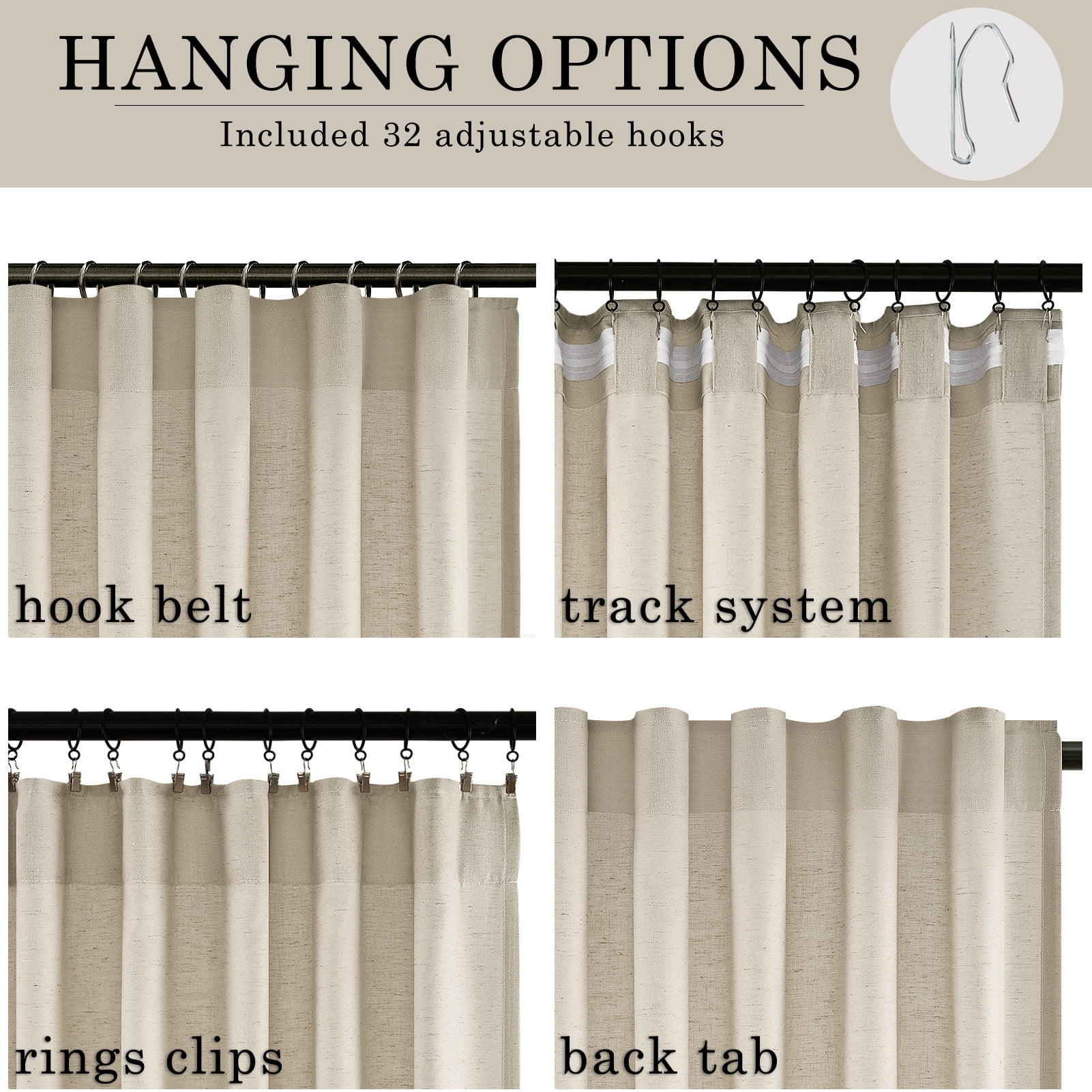 Jainmy Oatmeal 96 Inch Long Linen Semi Sheer Curtains 2 Panel Set,Light Filtering Curtain Window Curtains Drapes for Living Room Bedroom,52"x96"