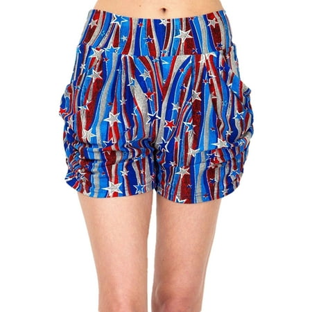 Radio Star Shorts - Womens Regular Flying Star 4th of July Printed Pleated Pockets Harem Shorts - L/XL