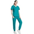 thumbnail image 4 of STICHOU Scrubs Sets for Women 2 Piece Nurse Working Uniforms Casual Comfy Solid V-Neck Caregiver Top and Drawstring Waist Pants with Pockets Blue 2XL, 4 of 6