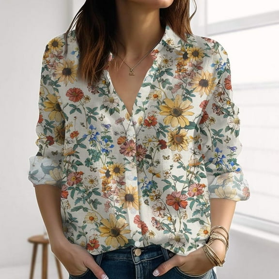 Vintage Wildflowers Linen-Look Shirt, Spring Inspired Shirts For Women, Floral Flowers Blouse Shirt, Botanical Casual Tops For Summer, Button Up Shirt, Blouses Tops Women, Gift for Mother