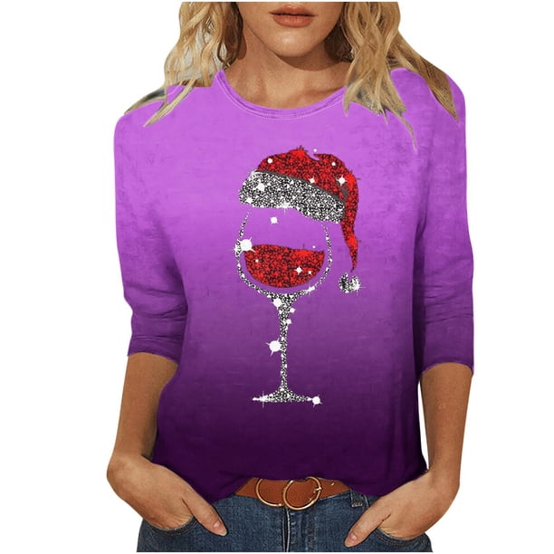 Camisetas de Manga Larga de las Mujeres Imprimir Navidad Cuello Redondo 3/4 Manga Suéter, Top Casual para las Vacaciones