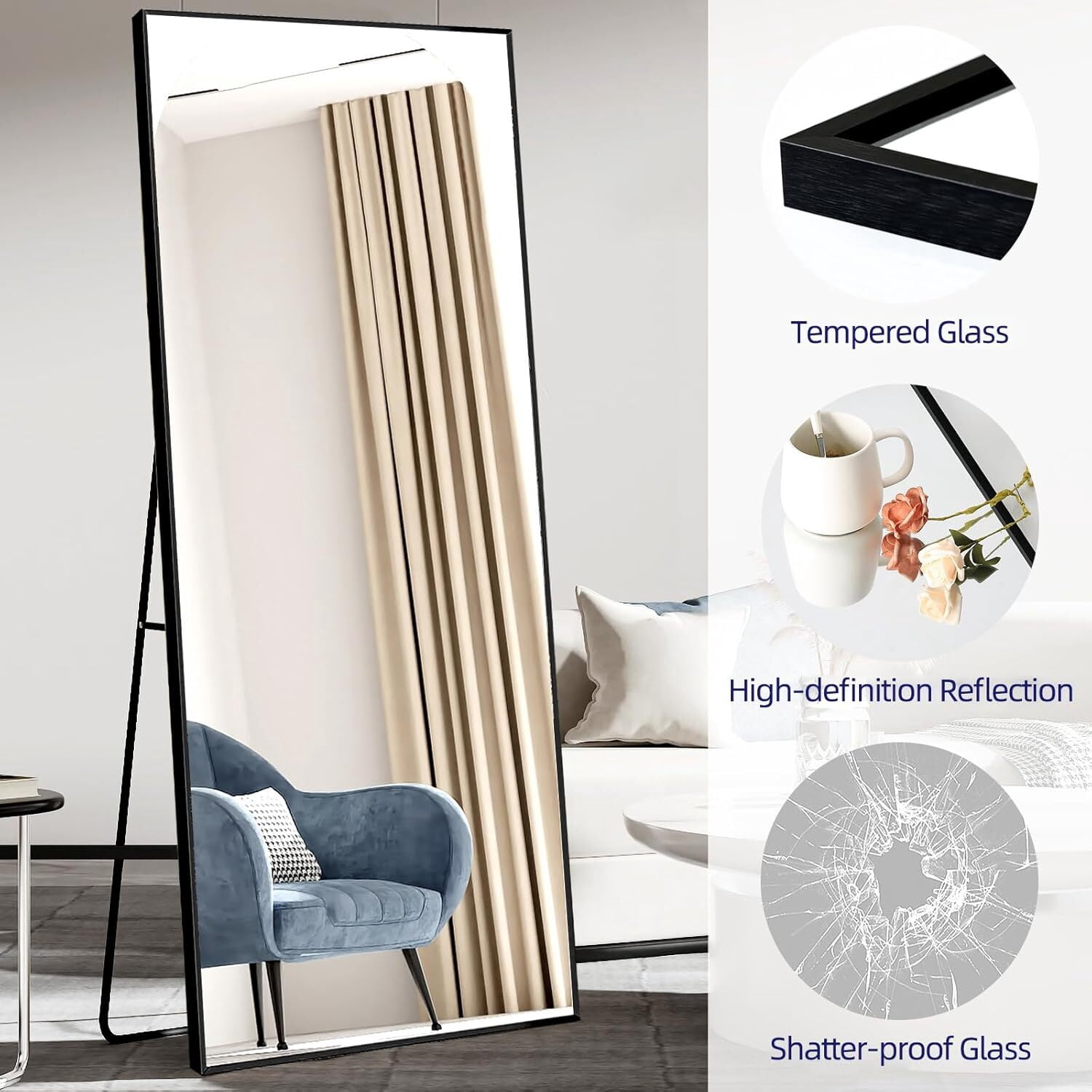 Lumora 65.1"x24" Rectangular Floor Mirror Full-Length Mirror with Aluminum Frame, Black