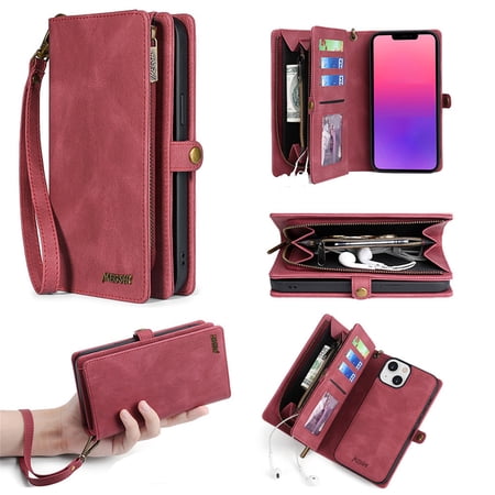 Defencase for iPhone 11 Case for Women Men, Removable Durable PU Leather Magnetic Flip Strap Wristlet Zipper Purse Card Holder Detachable Wallet Phone Cases for iPhone 11, Red