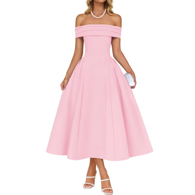 Vestido de cóctel ZESICA con hombros descubiertos y manga corta rosa, talla L