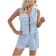 thumbnail image 2 of Fengqque Women's 2 Piece Outfit Sleeveless V Neck Tie Front Top & Shorts Casual Beach Vacation Set Sky Blue XL(XL), 2 of 5