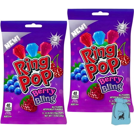 (2) Ring Pop Berry Bling, 1 oz Bag with 3 Candy Gem Pops, Wearable Lollipop Rings in Blue Raspberry Strawberry Cherry Flavors  Fun Party Favors Bag Fillers Holiday Treats