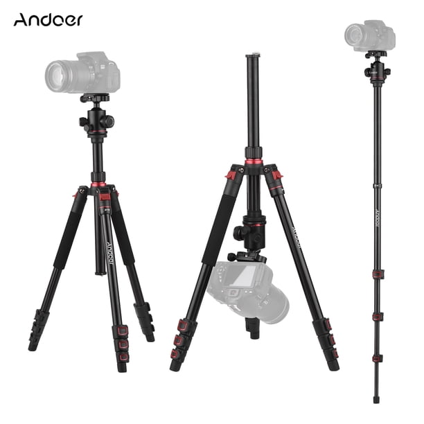 Trípode de aleación de aluminio Andoer, trípode reversible desmontable, capacidad de carga de 10 kg con cabeza de bola, bolsa de almacenamiento para cámara, videocámara, binoculares y proyector.
