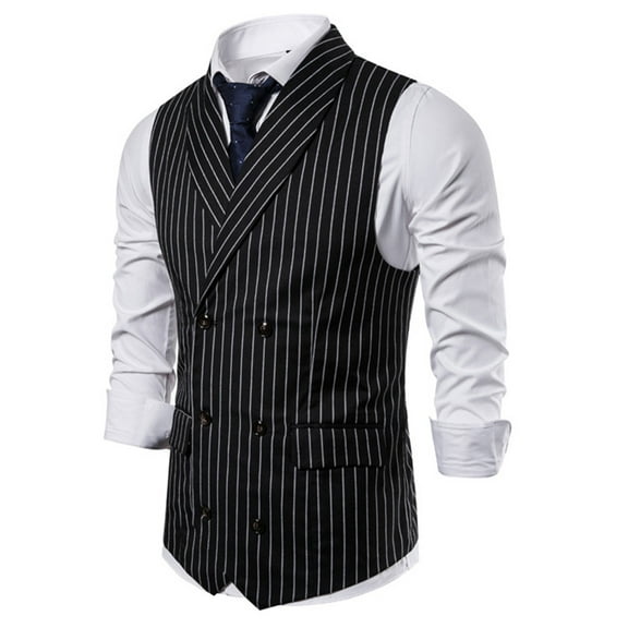 LowProfile Men's Formal Suit Vest Waistcoat Double-breasted Pocket Striped Business Casual Wedding Vest Jacket Coat Dress Suits Vests Tops Black L