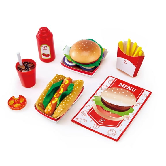 Hape Kitchen Fast Food Wooden Playset, 27 Pieces