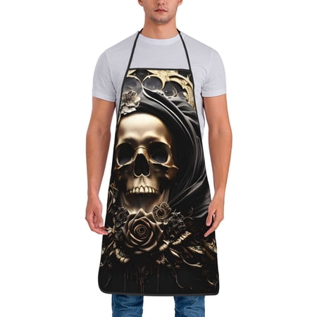 Naloa 1Pack Adjustable Bib Apron Waterdrop Resistant Cooking Kitchen Aprons for Women Men Chef Gold Rose Skull Print