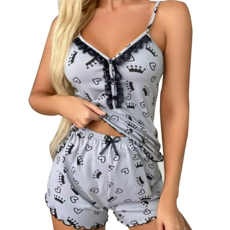 

NECHOLOGY Pajama for Women Set Women s Love Printed Ice Silk Shredded Milk Suspender Home Clothes Set Lingerie Sleepwear Pajamas Grey X-Large