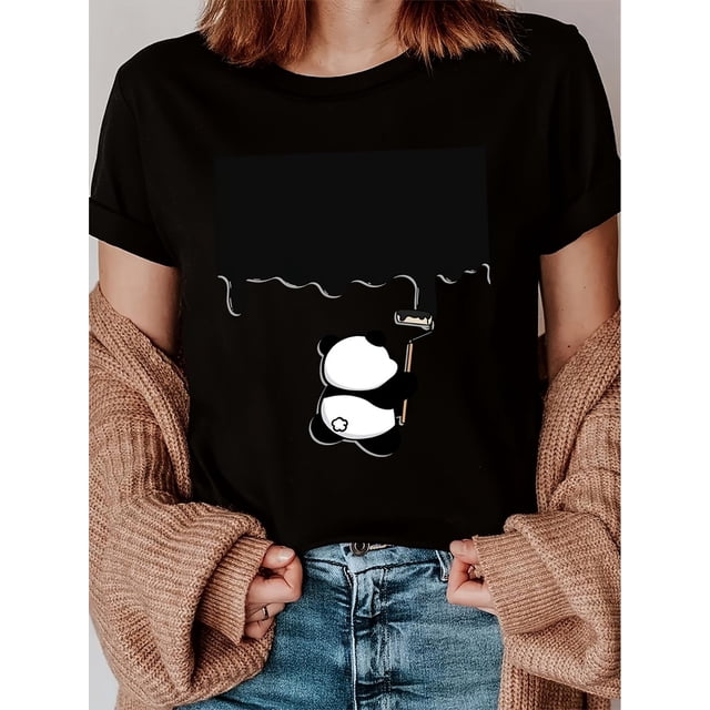Camiseta De Mujer Verano Activewear Camiseta Básica Para Senderismo Deportes VacacionesSpring And Summer Collection & Cute Panda Print Round Neck T-Shirt + All-Season Casual Short-Sleeve Round Neck