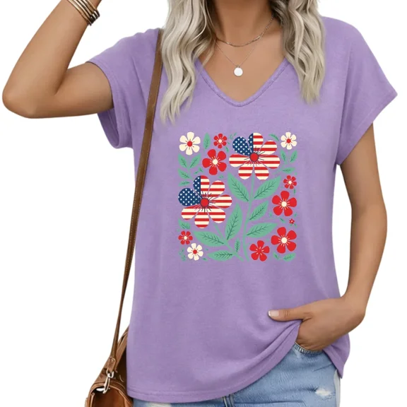 UNISHE Women Patriotic American Flag Floral Print V-Neck Short Sleeve T-Shirt Casual Summer Plus Size Tee S-5XL