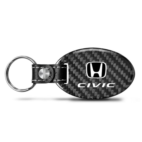 Honda Civic Real Carbon Fiber Large Oval Shape with Black Leather Strap Key Chain
