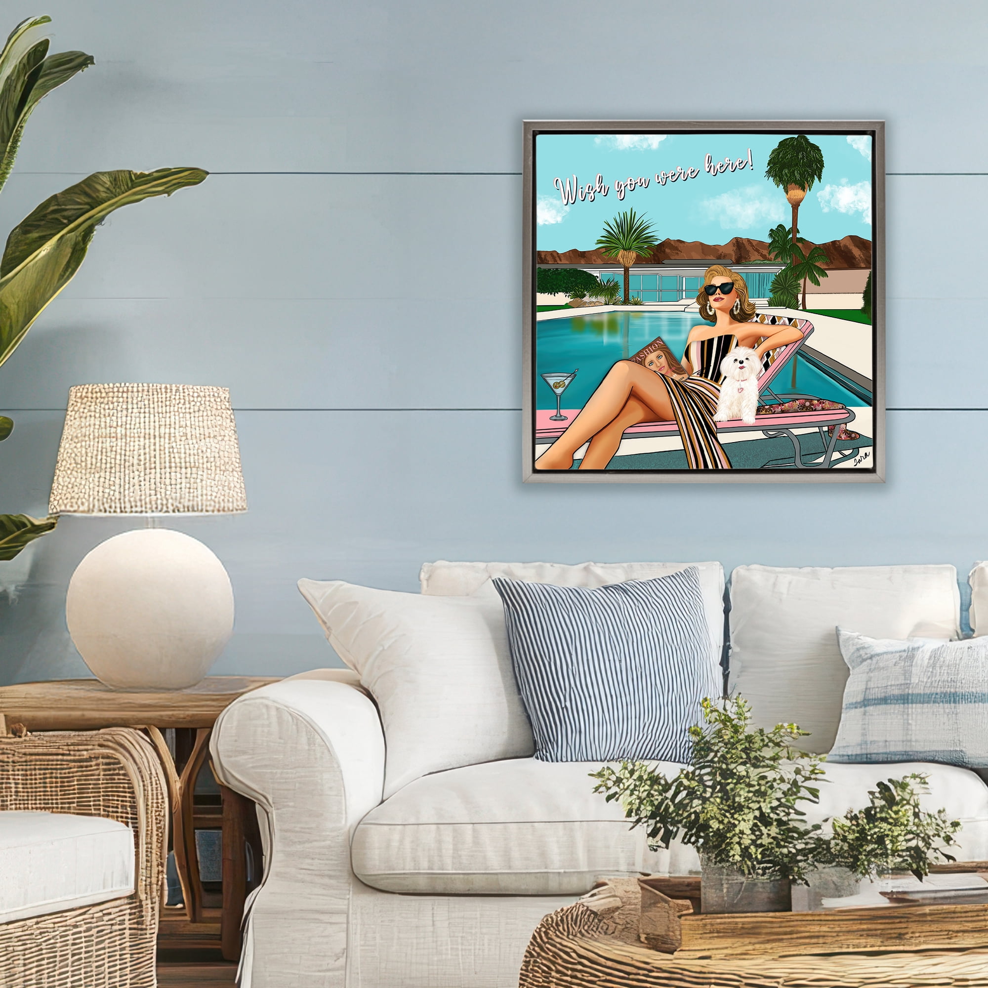 Stupell Industries Wish You Were Here Palm Springs Gray Framed Floater Canvas Wall Art, design by Tara Boone
