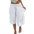 thumbnail image 2 of Women's Loose Fit Wide Leg Pants Summer Cotton Linen Casual Five Quarter Pants Elastic Waist with Drawstring Trouses by Yigetop White S, 2 of 5