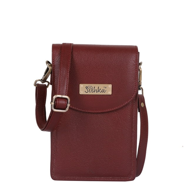 Sishka Womens Cherry Red Genuine Leather Ladies Wallet – Compact Crossbody Cell Phone Bag with Shoulder & Sling Carry, Stylish Daily Use