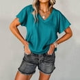 thumbnail image 2 of Siilsaa Women's Shirts Casual V Neck Short Sleeve Tops Loose Basic Plain Textured Tee T-Shirt Green,L, 2 of 5