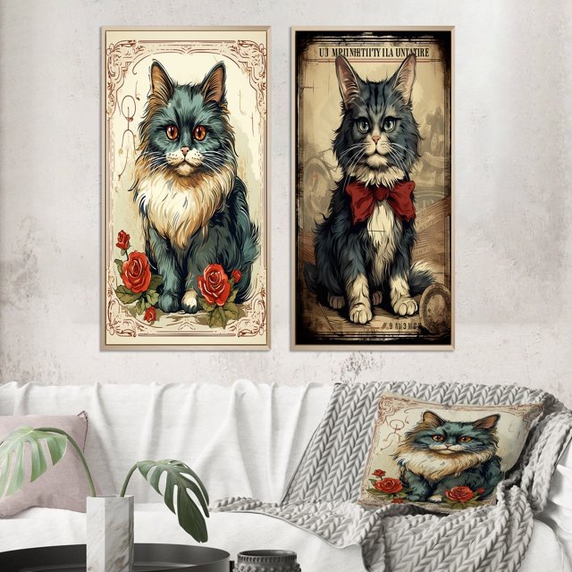 Designart "Illustration Vintage Chat Bleu avec Roses Rouges" Animaux Chat Art Mural Encadré Ensemble de 2 - Art pour Enfants Art Mural Encadré Bleu Ensemble de 2