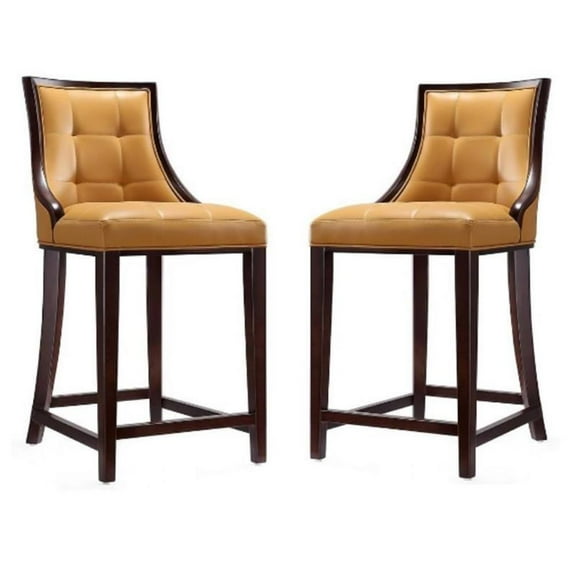 Home Square 40" Faux Leather Barstool in Camel Brown & Dark Walnut - Set of 2