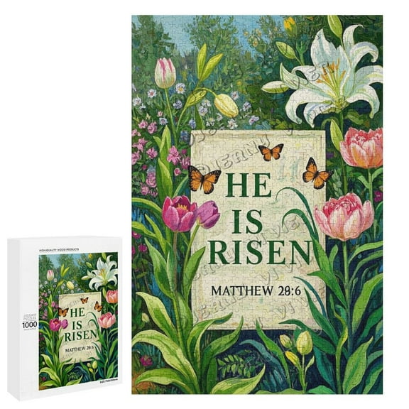 Inspirational Christian Puzzle – 1000 Piece Wooden Jigsaw Featuring He Is Risen Bible Verse – Matthew 28:6 Puzzle for Adults and Faith Gifts