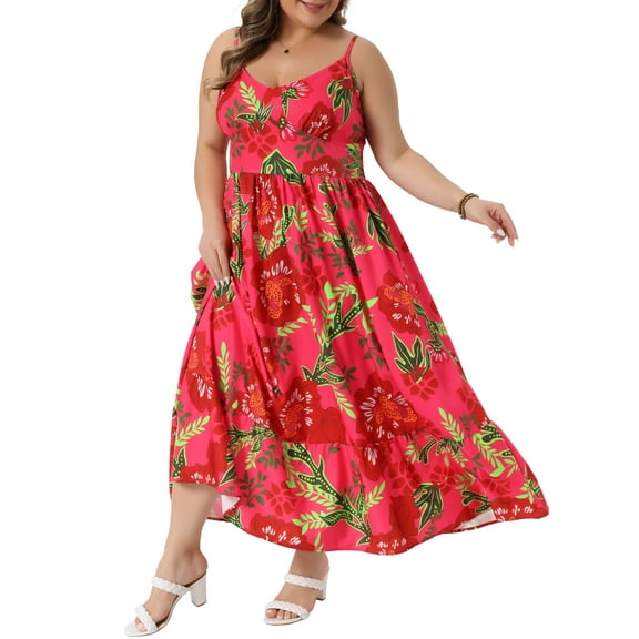 Agnes Orinda Women's Plus Size Dresses Floral Back Smocked V Neck Sleeveless Summer Casual Maxi Cami Dress 2X Red