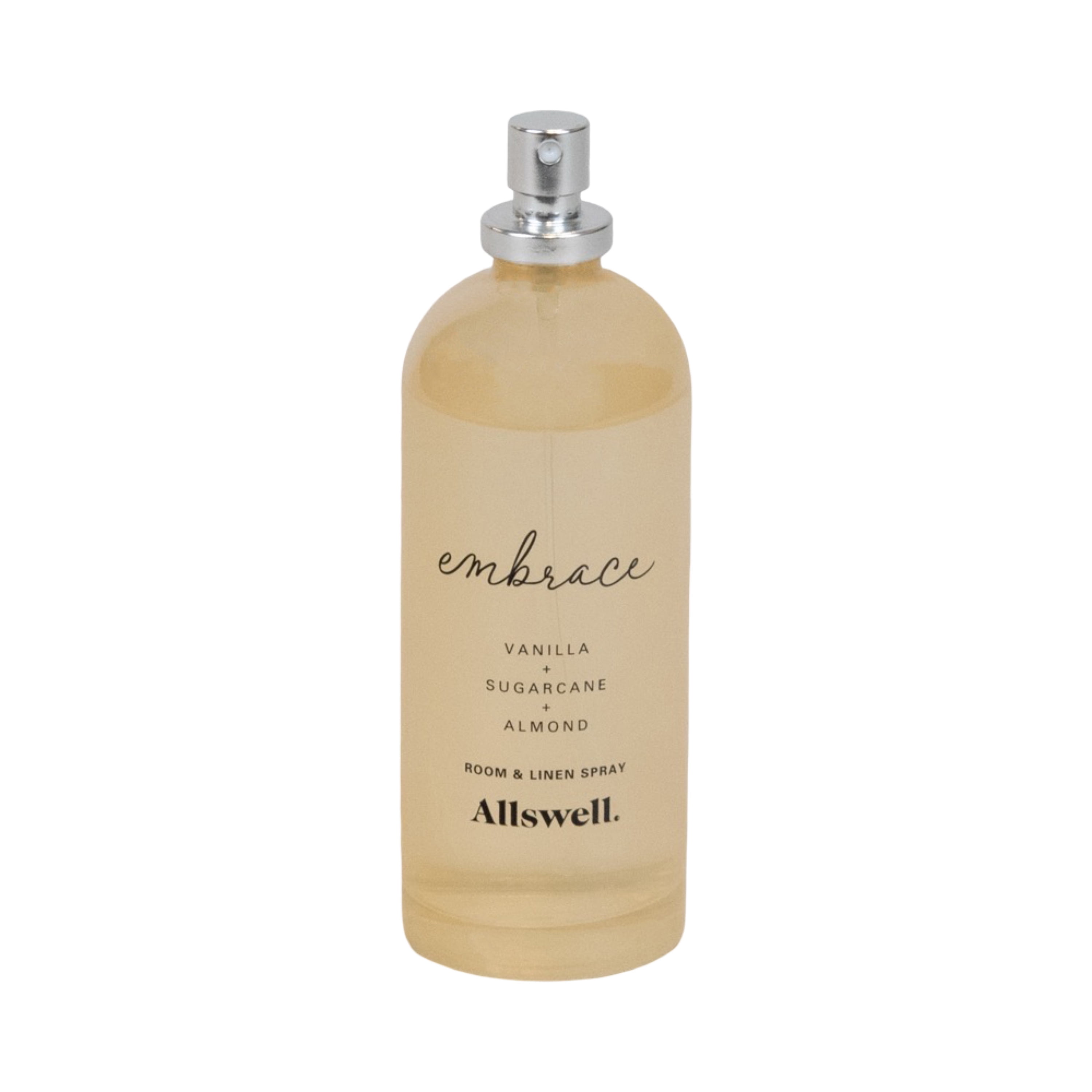 Allswell Embrace (Vanilla + Sugarcane + Almond) Scented Room & Linen Spray 3.4 fl oz (100mL).