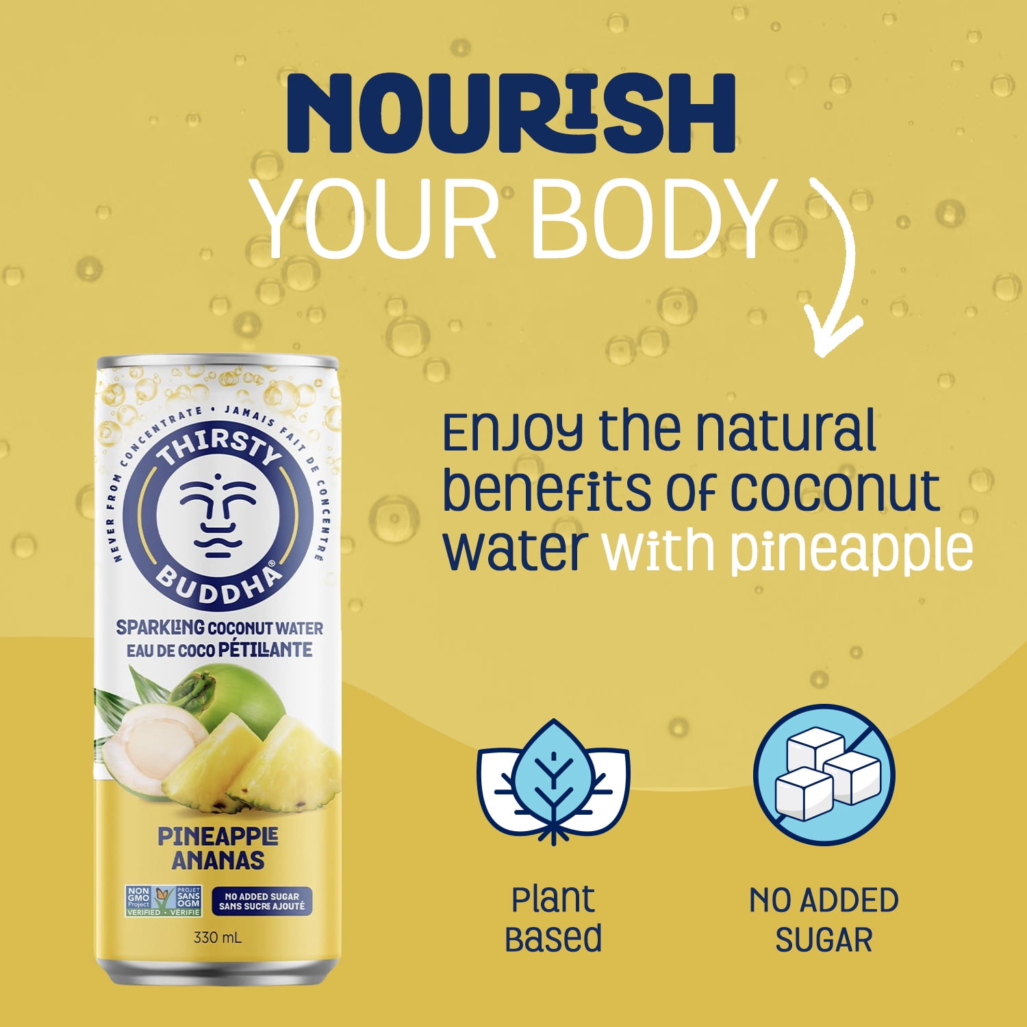 Thirsty Buddha Sparkling Coconut Water with Pineapple, No Sugar Added, Non-GMO, 330ml, Vegan Certified, Can, Sparkling Coco Water Pineapple