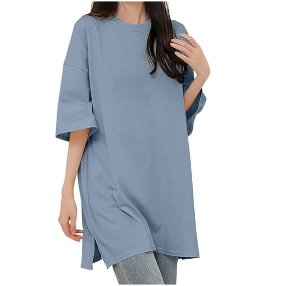 Mittory Women's Oversized Cotton T Shirts Slit Hem Crewneck Tunic Tops Basic Solid Short Sleeve Comfy Long Tee Shirt