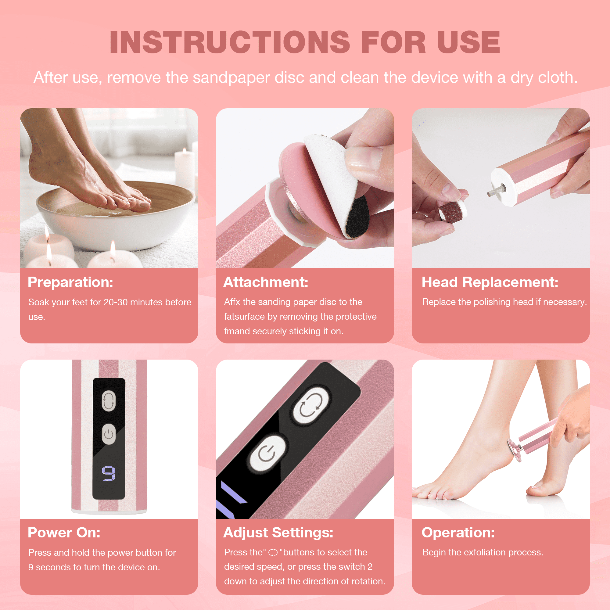 FETERVIC Electric Foot File - Callus Remover Nail Filer for Feet,9 Adjustable Speed Foot Scrubber Pedicure Tool for Dead Skin and Calluses Gift- Pink