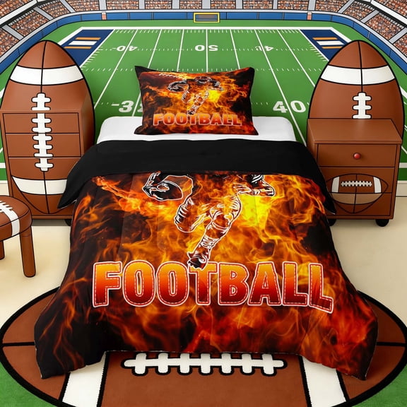 Erosebridal Fire Football Twin Comforter Sets, Sport Bedding Set for Men and Boys, Black Reversible 2pcs, 1 Comforter and 1 Pillowcase