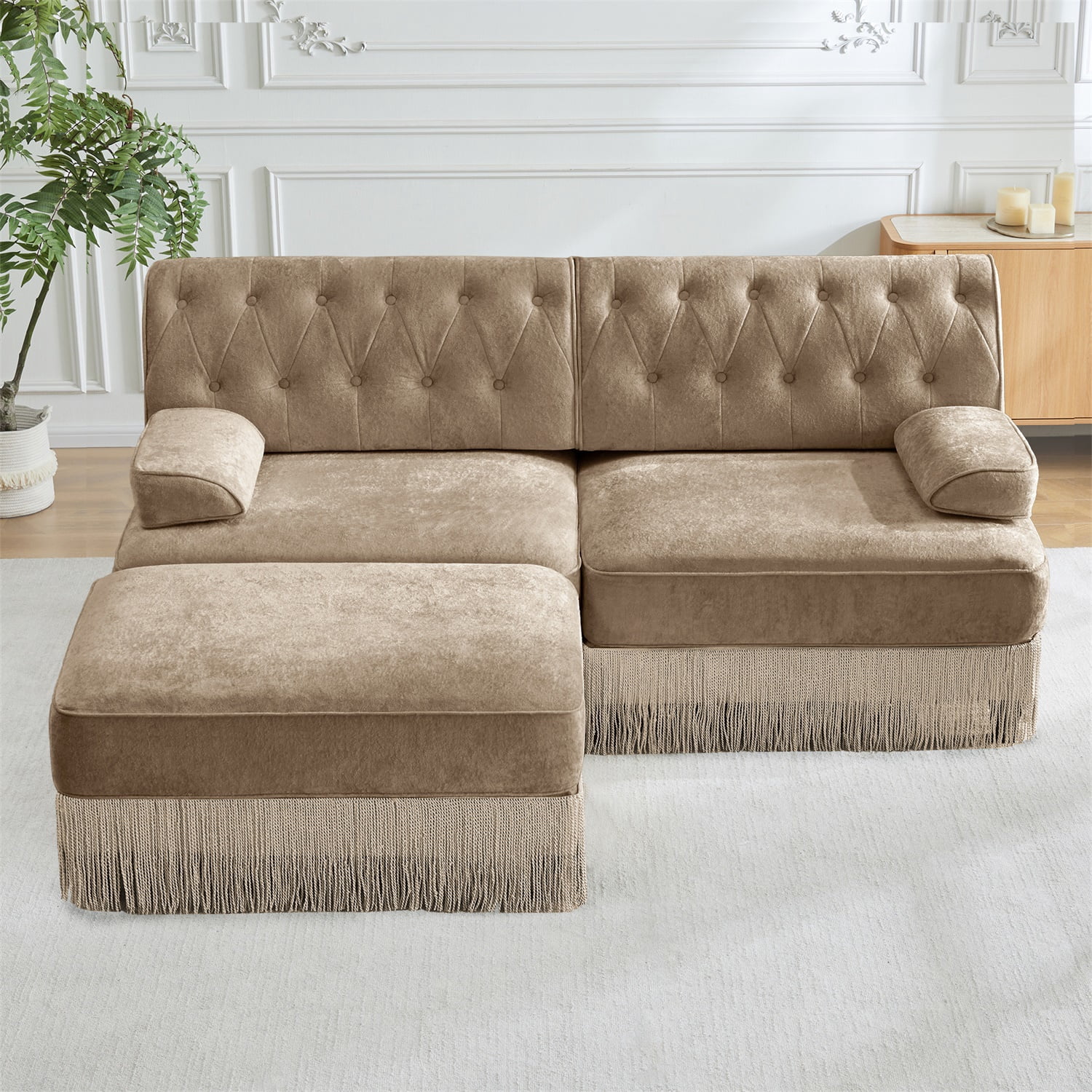 Hommoo 2-Seater Chesterfield Style Velvet Fabric L-Shaped Sectional Sofa, Tufted Button Upholstered Design and Floor-grazing Tassel, Free Combination Sofa Couch Set, for Home, Camel