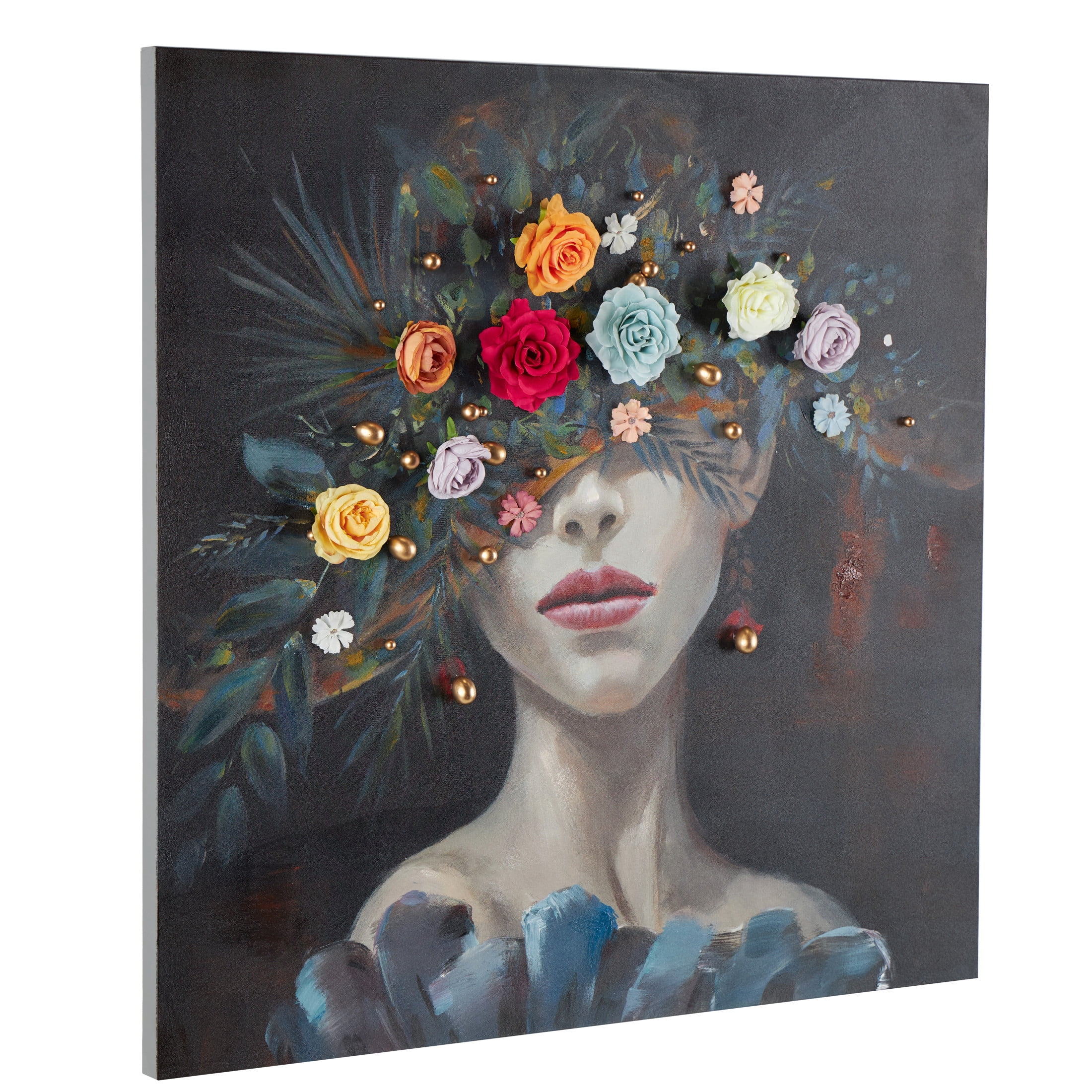 40" x 40" Unframed Woman Wall Art with 3D Multicolor Flowers and Gold Jewels, by DecMode